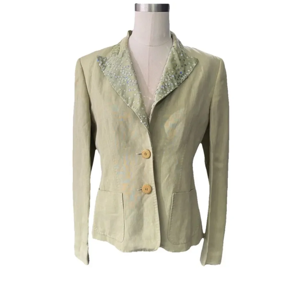 Kate Hill Women's Linen Blazer & Pants Suit Set Green Petite Mix Sizes 2P/4P